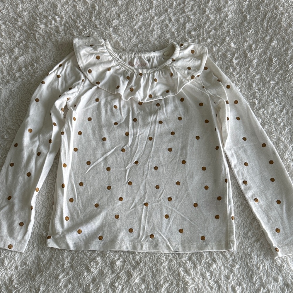 Mini Boden girls size 7-8 gold polka dot ruffle collar knit long sleeve shirt